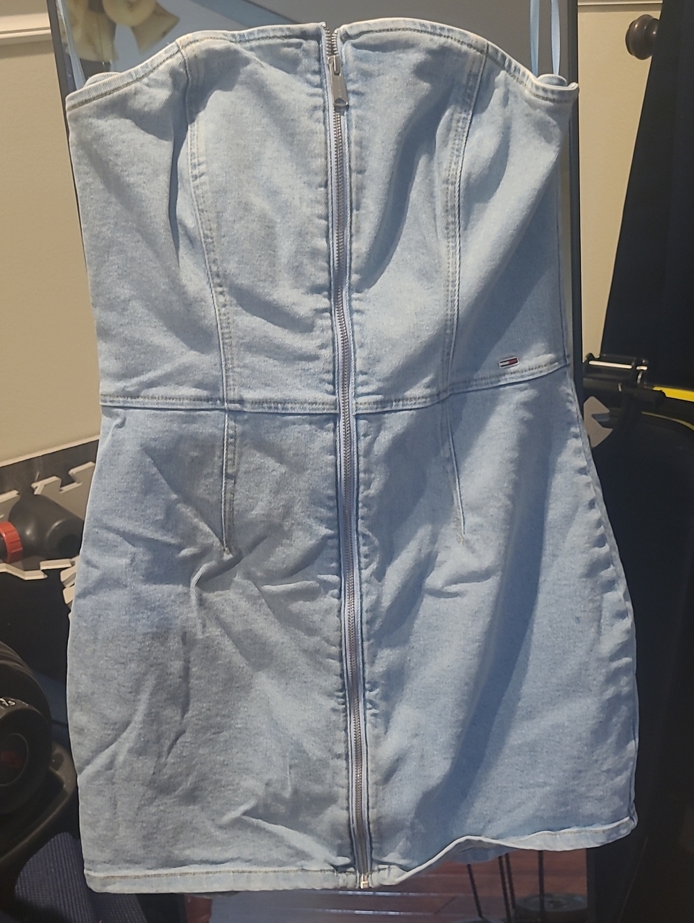 Tommy Hilfiger Light Wash Denim Strapless Mini Dress with Front Zip